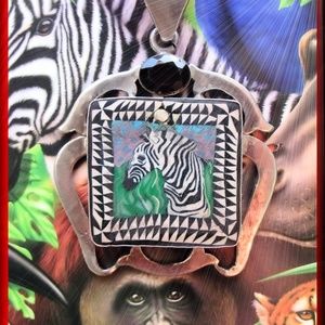 Antique African Zebra Pendant .925 w Garnet Gem